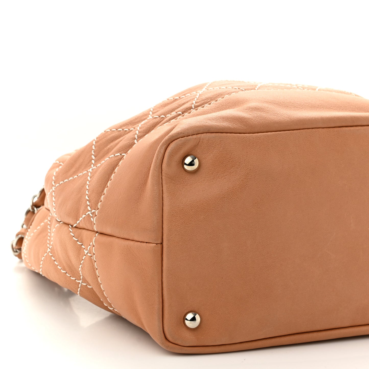 Lambskin Contrast Stitch Small Drawstring Tote Dark Beige