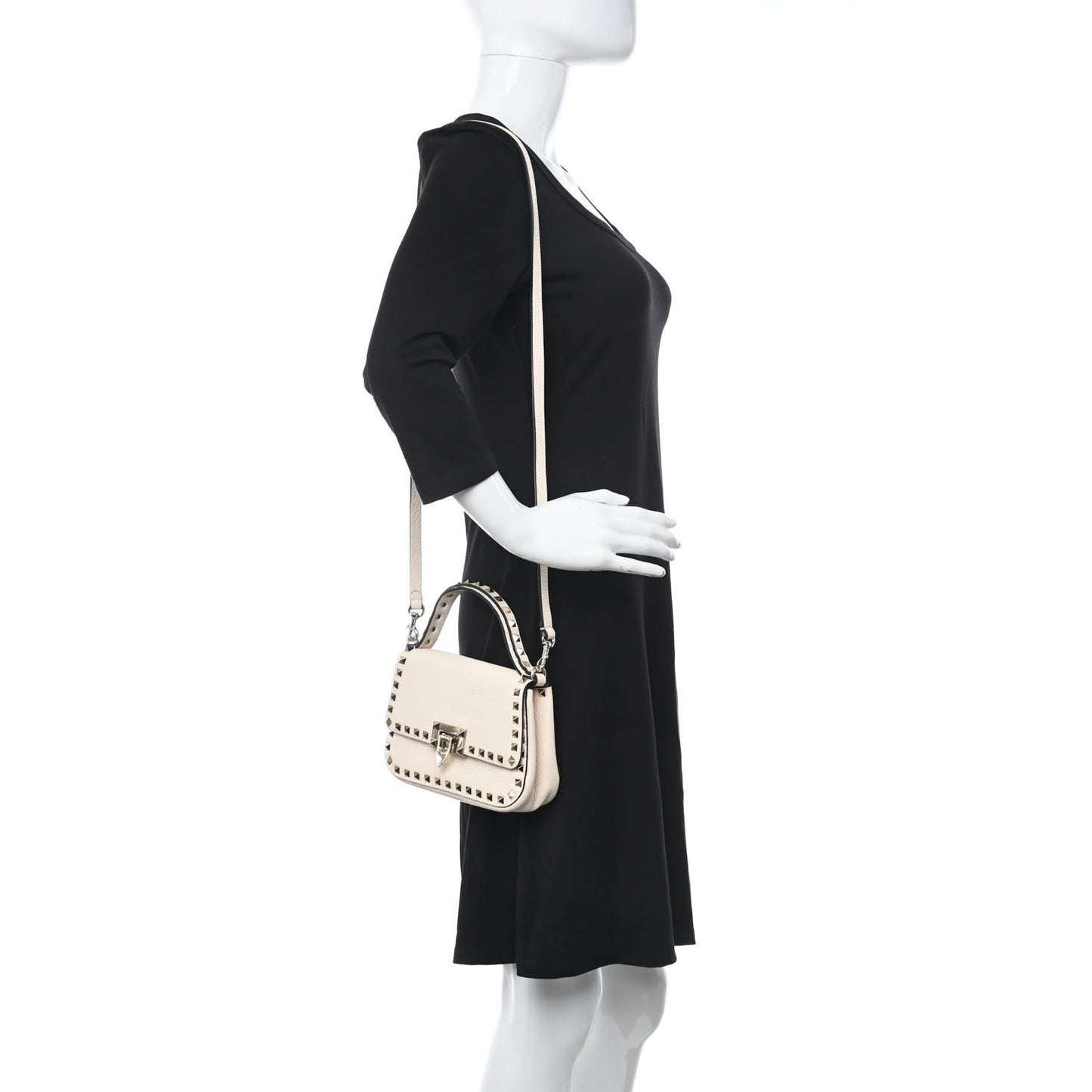 Grainy Calfskin Small Rockstud Top Handle Bag Light Ivory