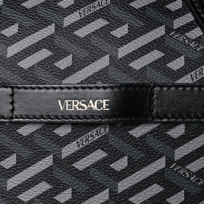 Versace Coated Canvas Calfskin La Greca Signature Travel Bag Black Grey 9 of 14