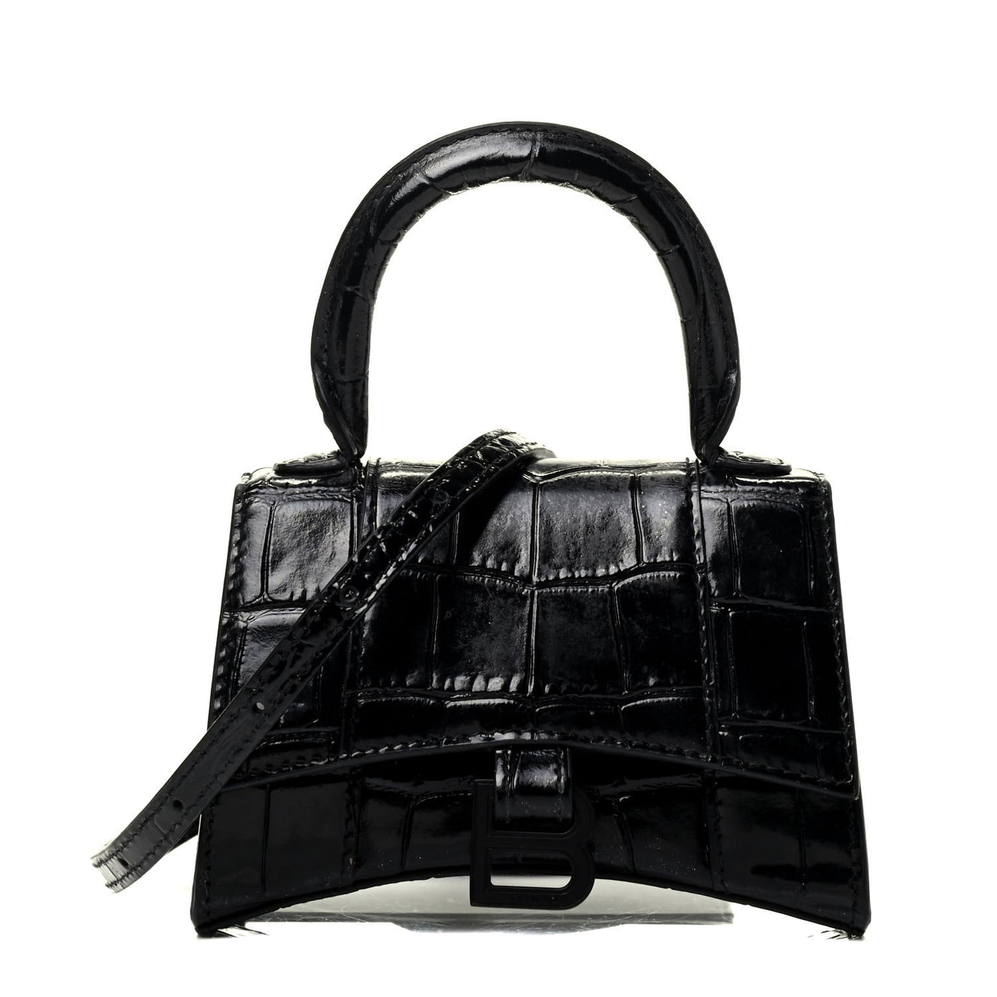 Shiny Calfskin Monochrome Crocodile Embossed Hourglass Top Handle Bag Mini Black