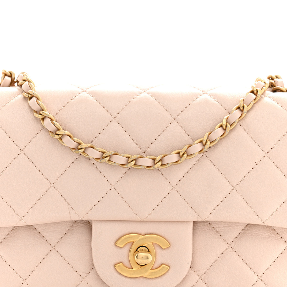 Lambskin Quilted Mini Rectangular Pearl Crush Flap Light Beige