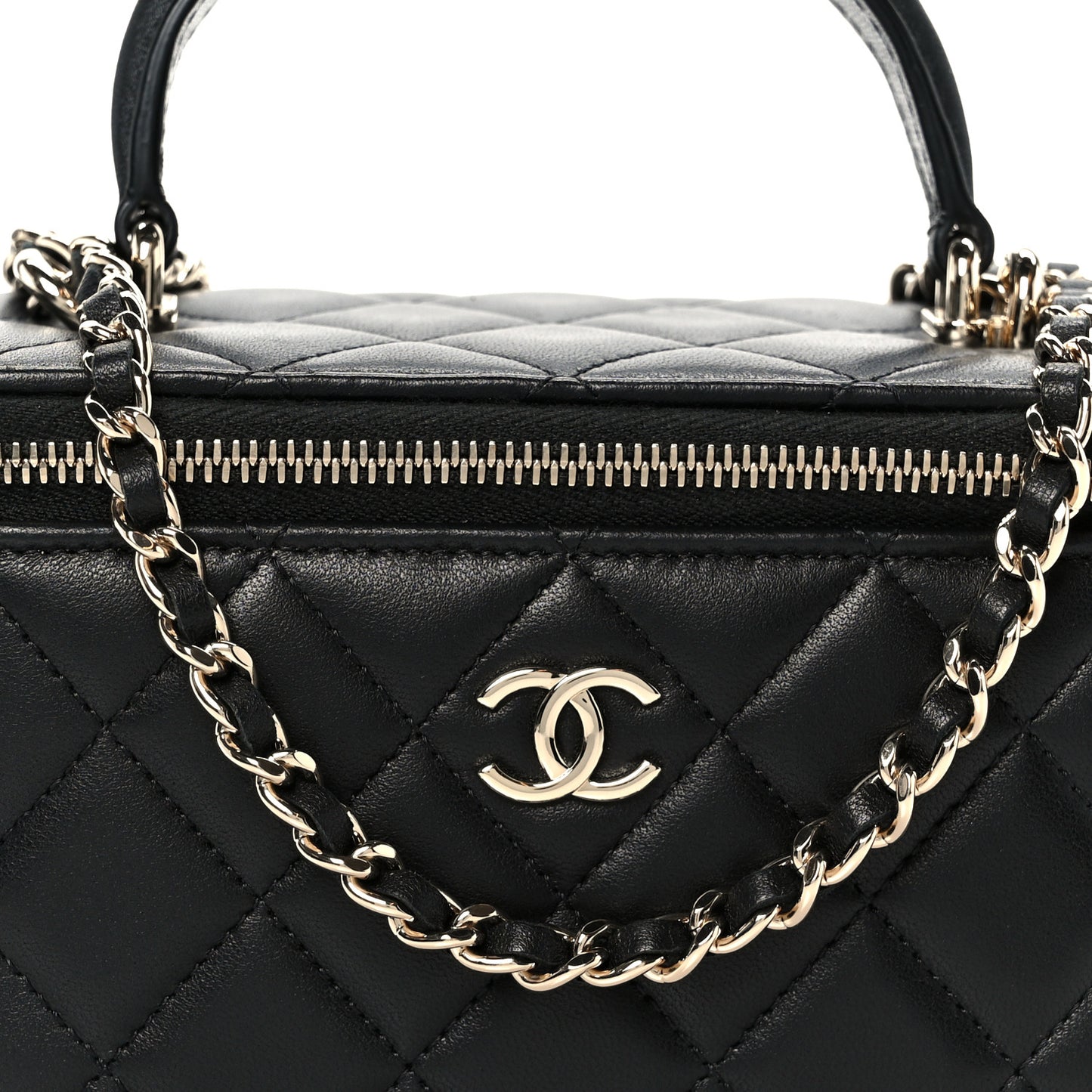Lambskin Quilted Small Top Handle Vanity Case With Chain Black