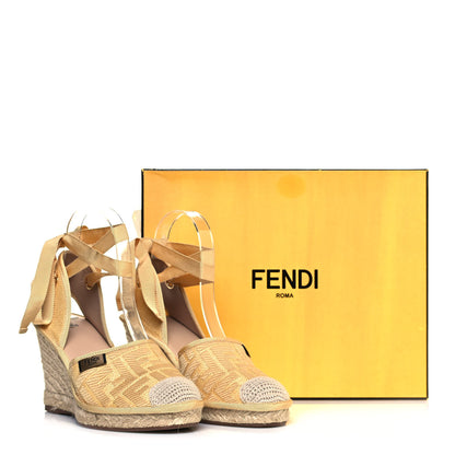Fendi Rafia FF Embroidered Roma Ankle Wrap Espadrille Wedges 37 Natural 8 of 8