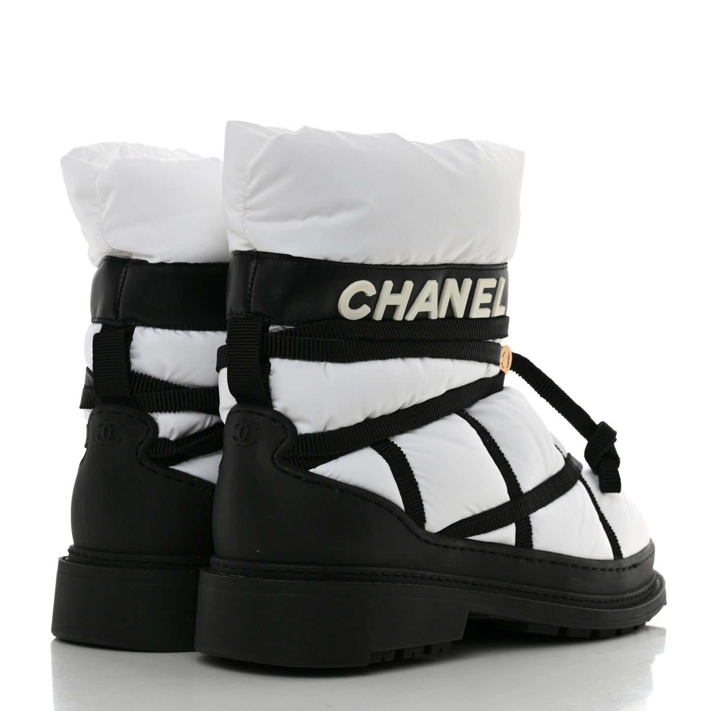 Calfskin Nylon Grosgrain CC Ankle Snow Boots 39.5 White Black