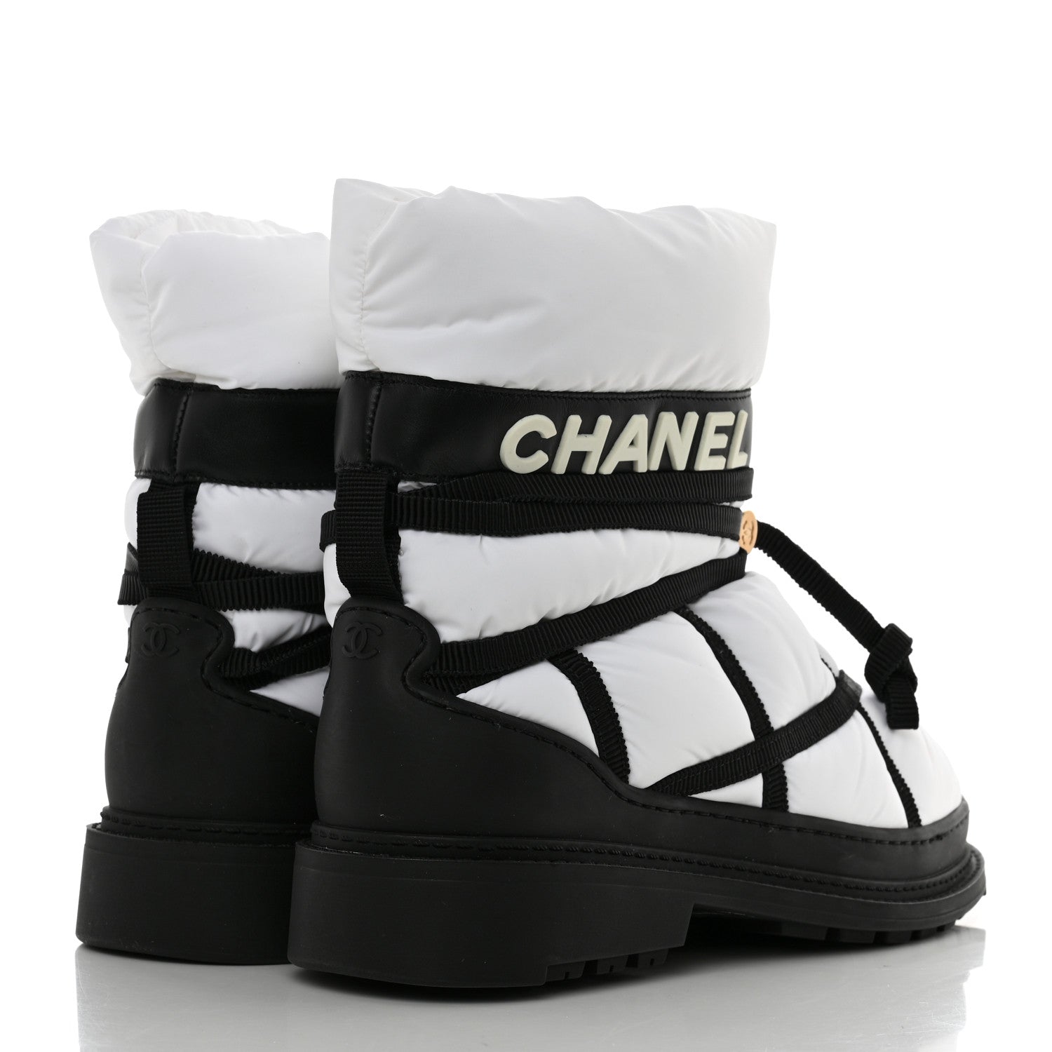 Chanel Calfskin Nylon Grosgrain CC Ankle Snow Boots 39.5 White Black 4 of 11