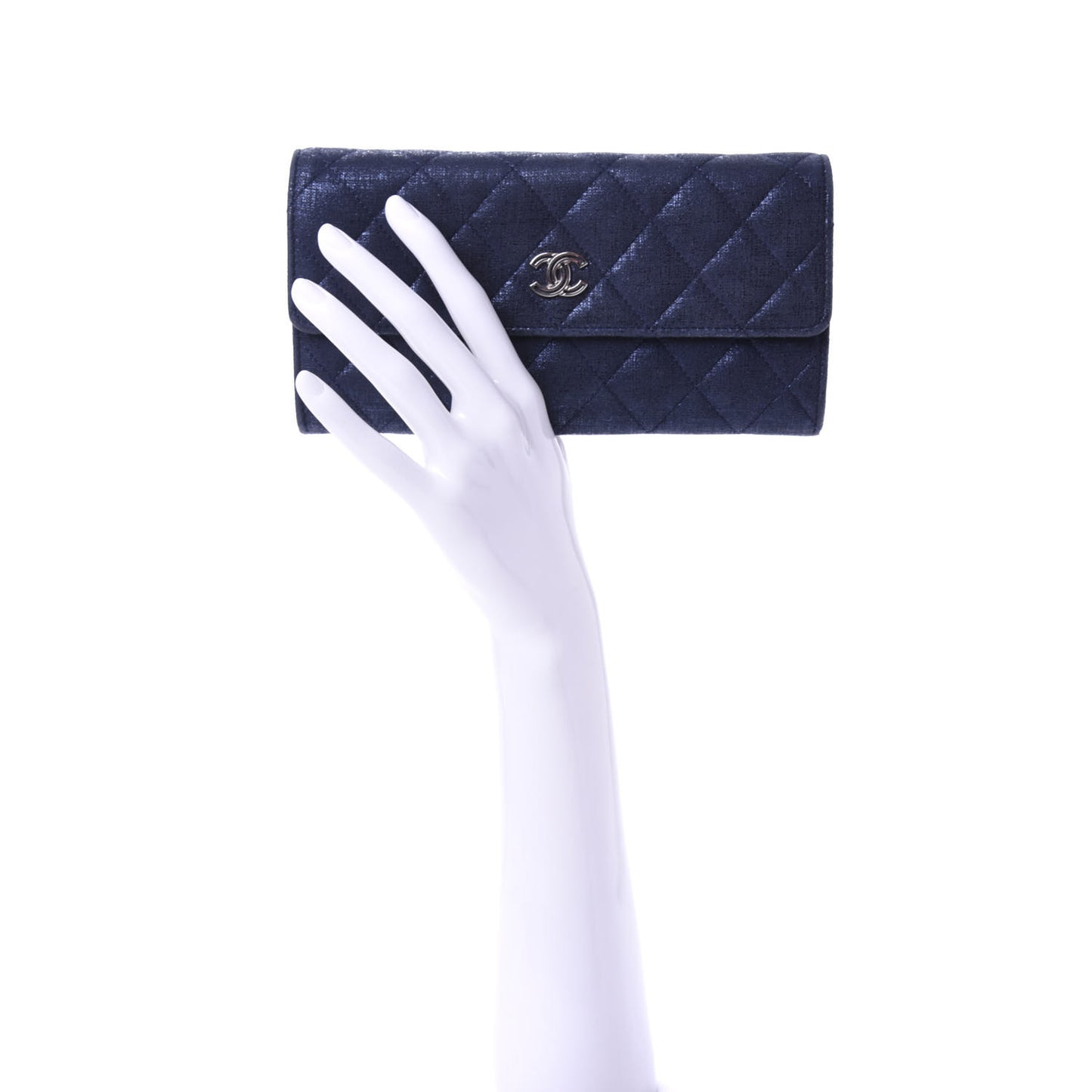 Iridescent Calfskin Quilted Large Gusset Flap Wallet Navy