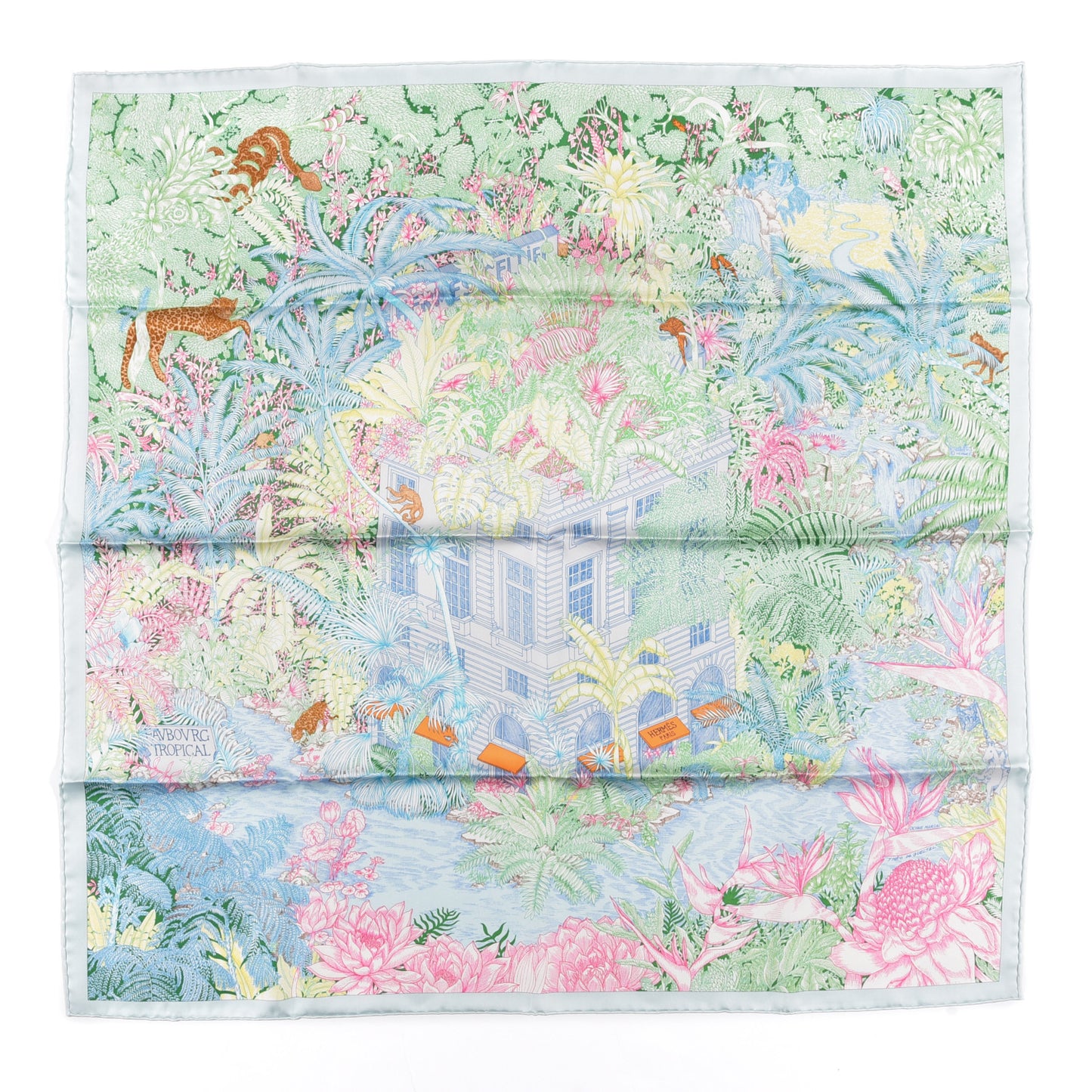 Silk Twill Faubourg Tropical Scarf 90 Bleu Vert Jaune