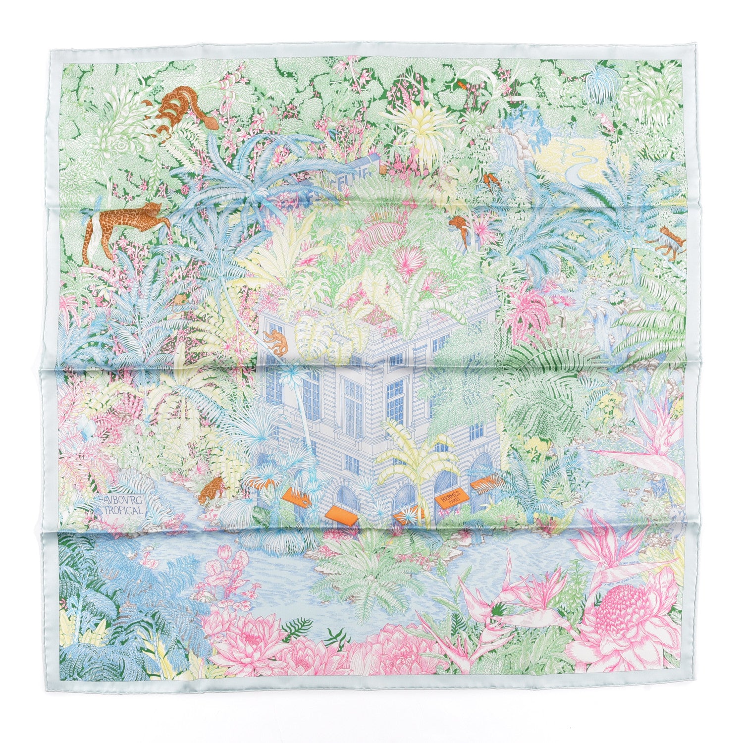 Hermes Silk Twill Faubourg Tropical Scarf 90 Bleu Vert Jaune 1 of 5