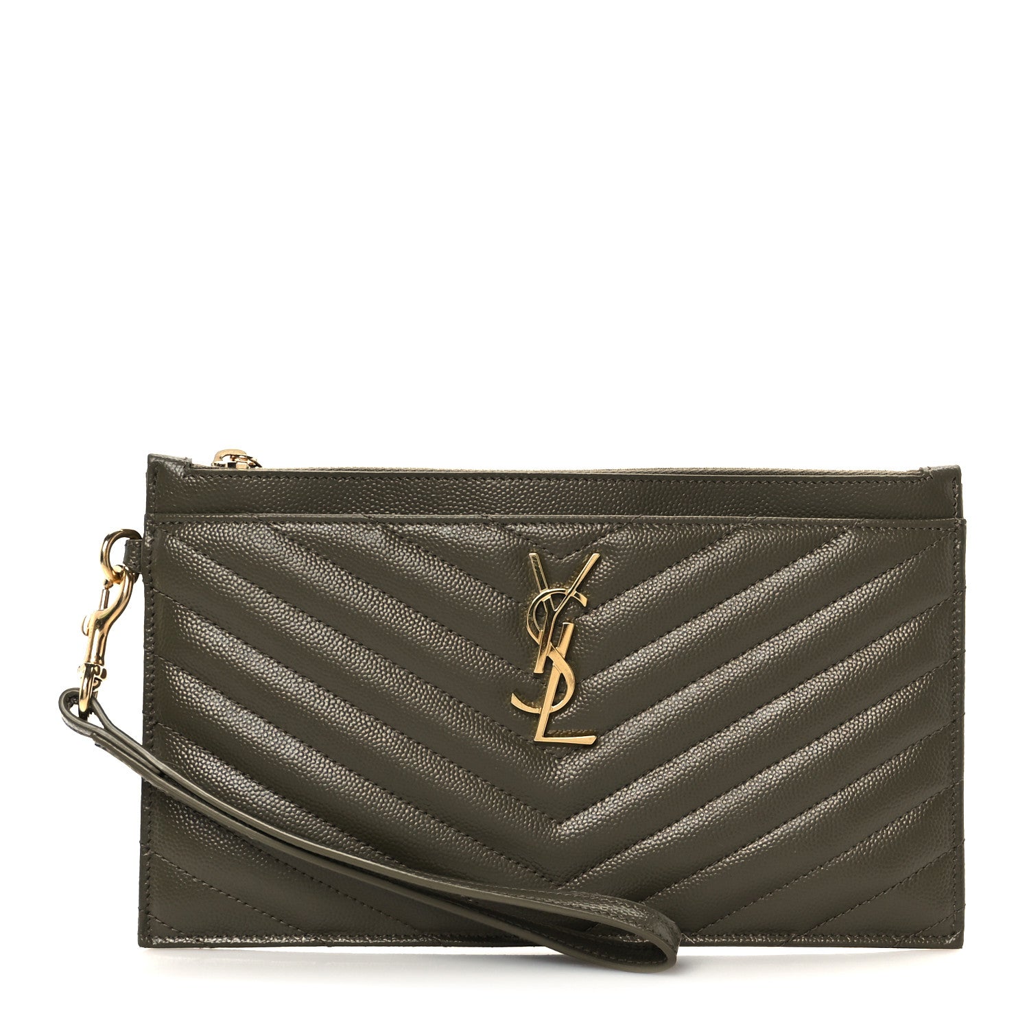 Saint Laurent Grain De Poudre Chevron Monogram Bill Pouch Vert Kaki 1 of 18