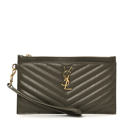 Saint Laurent Grain De Poudre Chevron Monogram Bill Pouch Vert Kaki 1 of 18