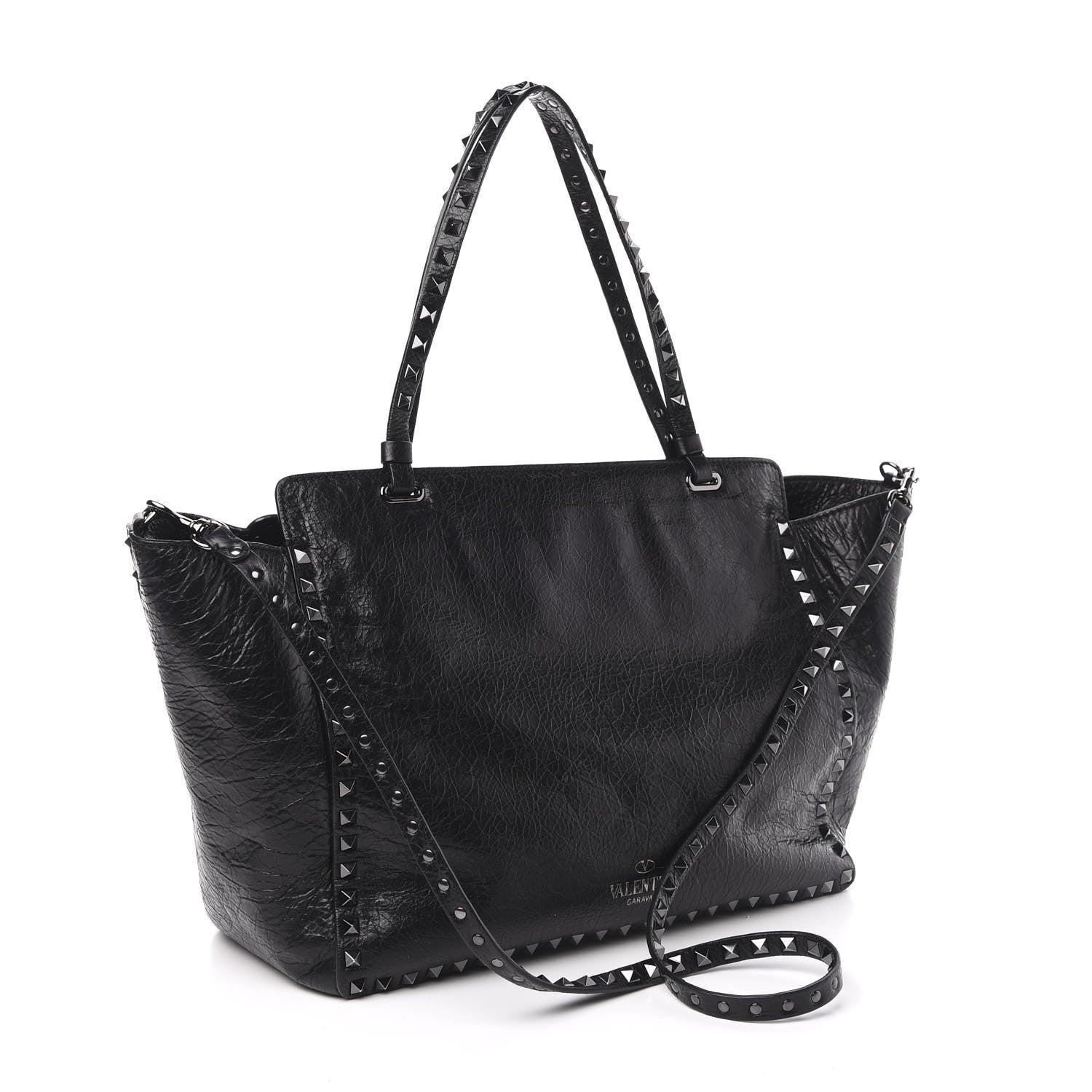 Valentino Garavani Craquele Calfskin Star Studded Medium Rockstud Tote Black 4 of 11