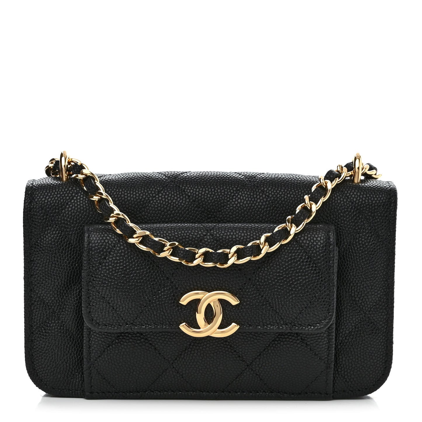 Caviar Quilted Pocket Twins Clutch With Chain Black