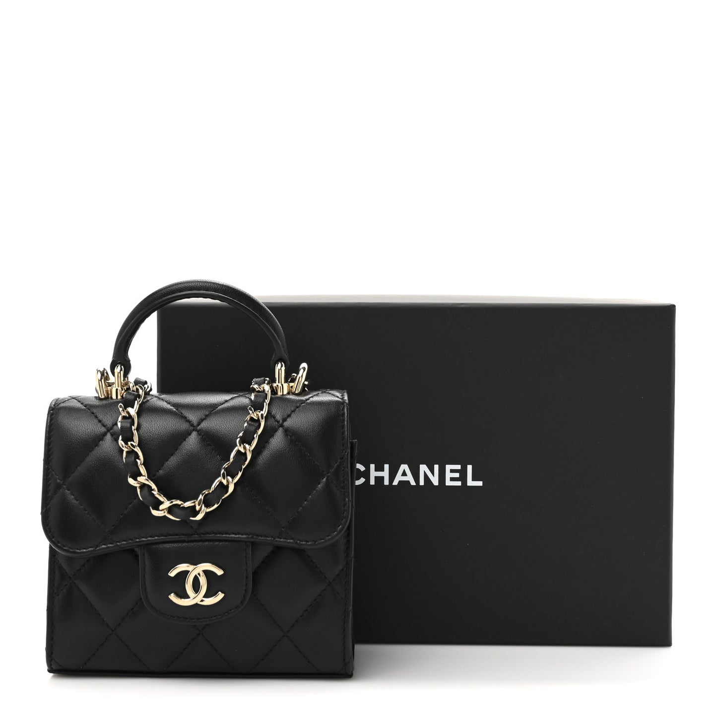 Lambskin Quilted Top Handle Flap Clutch With Chain Black