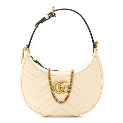 Gucci Calfskin Matelasse Chevron Mini GG Marmont Half Moon Hobo Mystic White 1 of 15