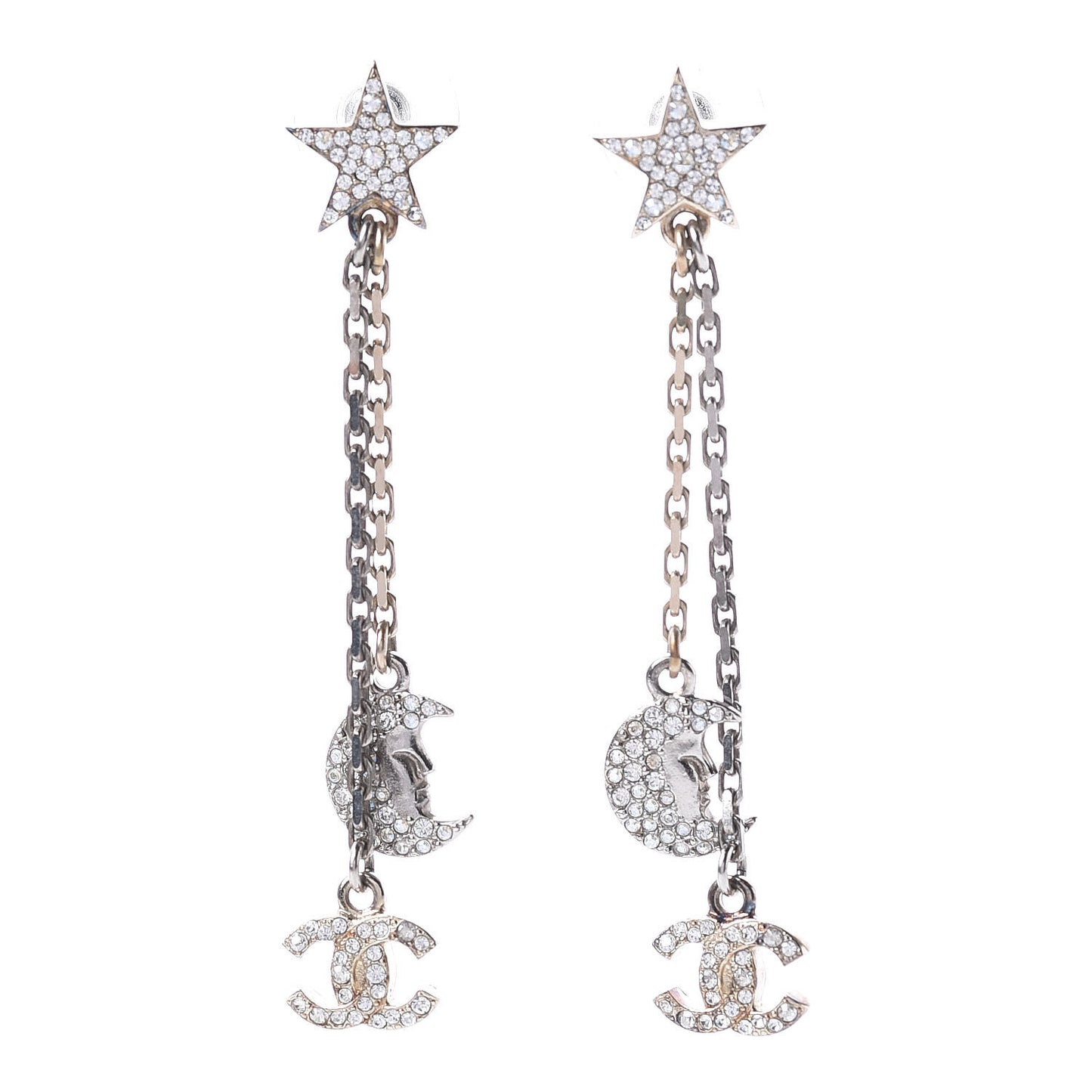 Crystal CC Star Moon Dangle Earrings Silver Gold
