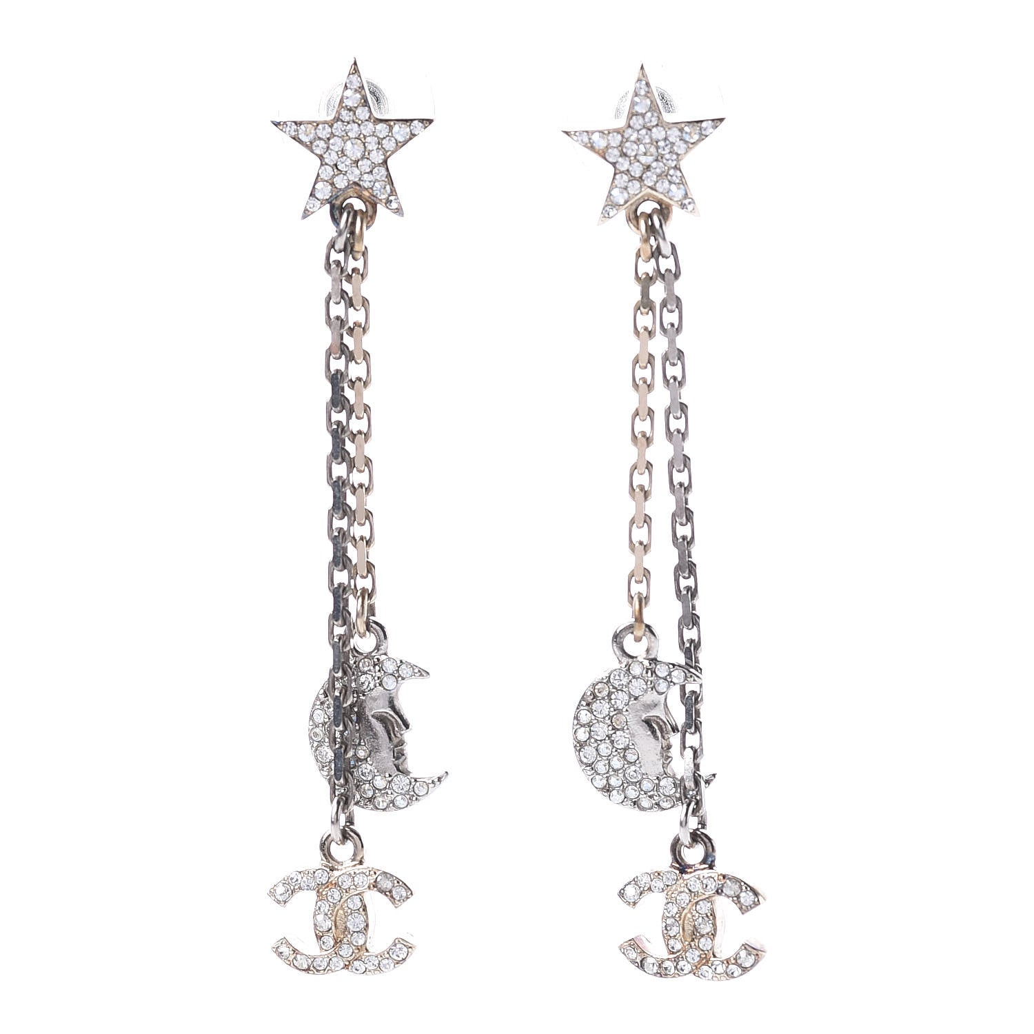 Chanel Crystal CC Star Moon Dangle Earrings Silver Gold 1 of 5