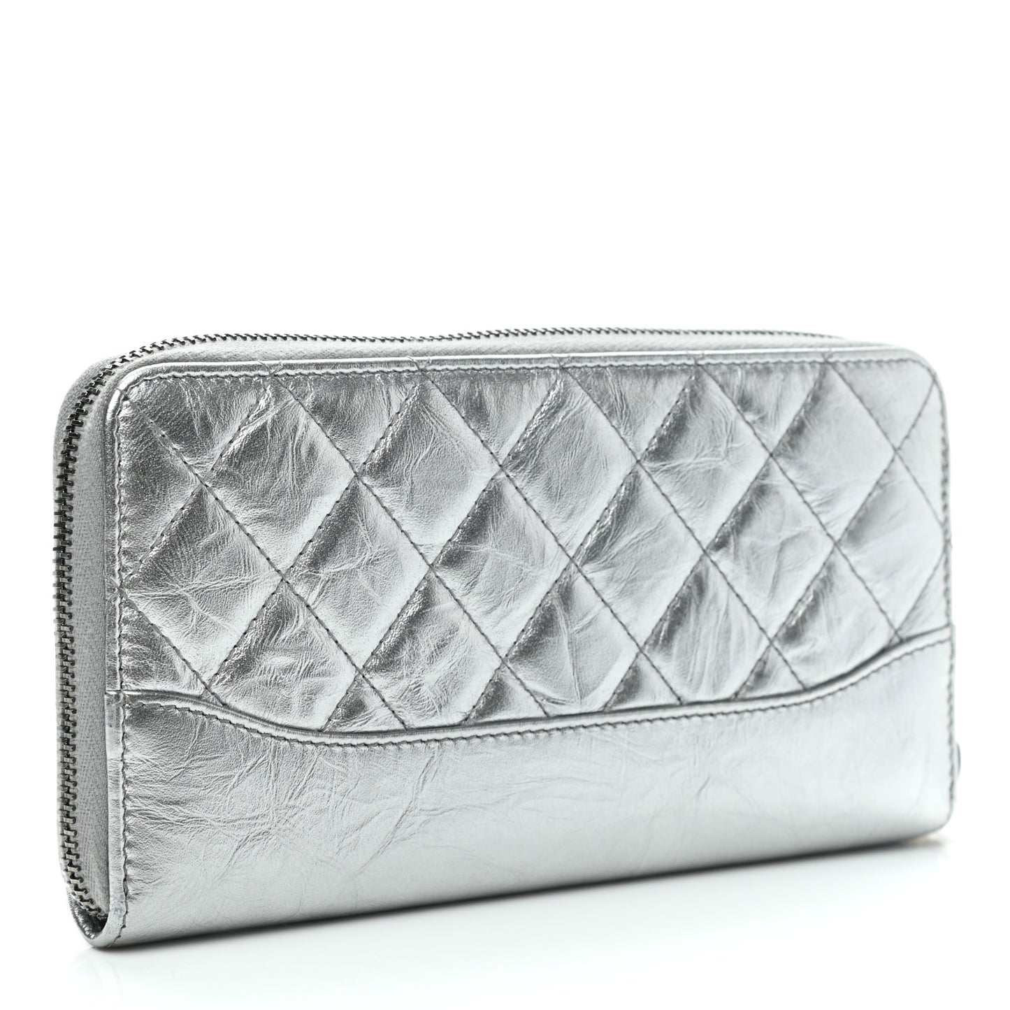 Metallic Aged Calfskin Quilted Large Gabrielle Zip Around Wallet Silver
