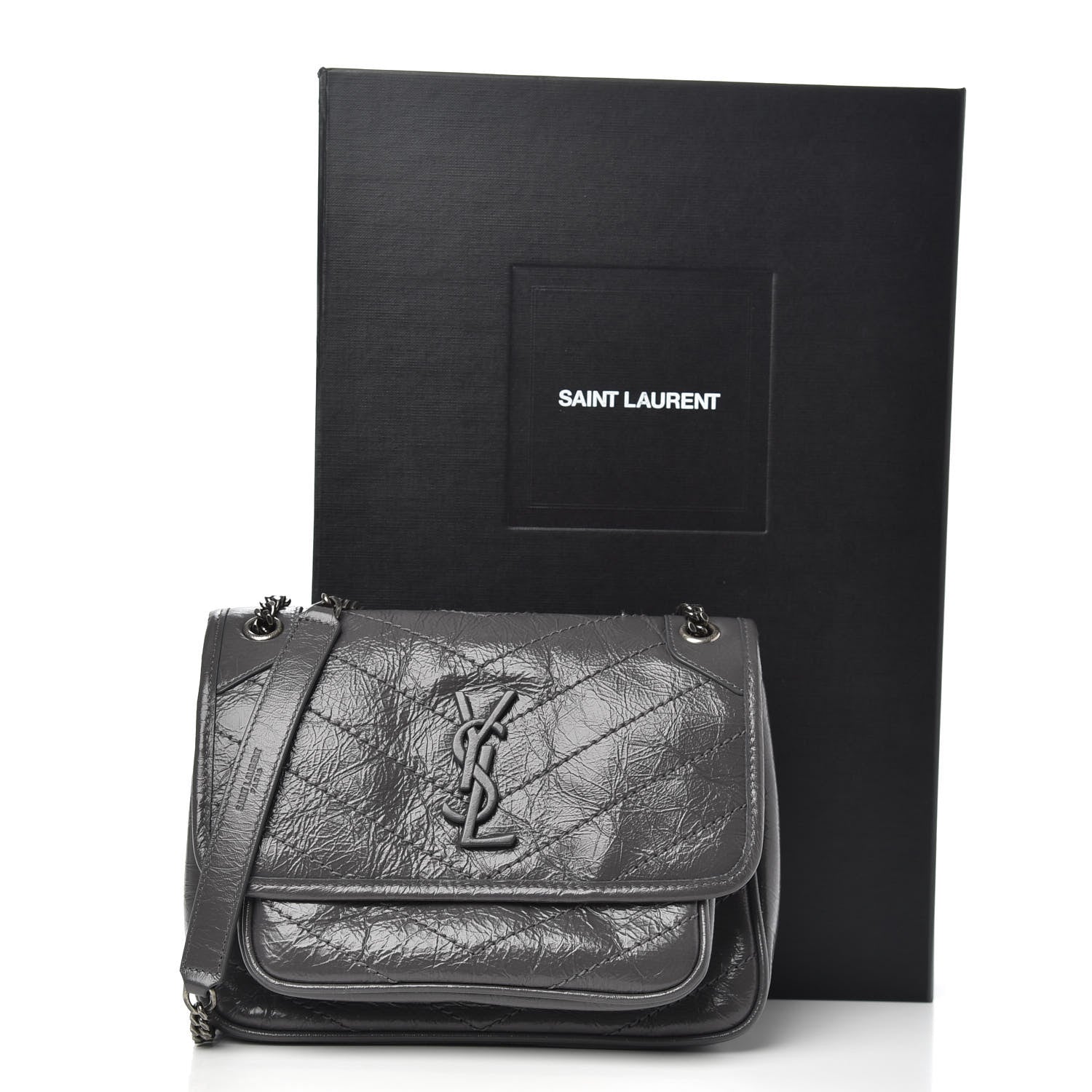 Saint Laurent Crinkled Calfskin Matelasse Monogram Baby Niki Chain Satchel Storm 11 of 11