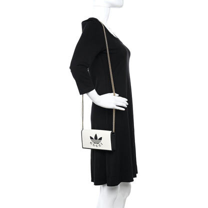 Gucci X ADIDAS Textured Dollar Calfskin Trefoil Embossed Wallet On Chain Off White Black 2 of 10