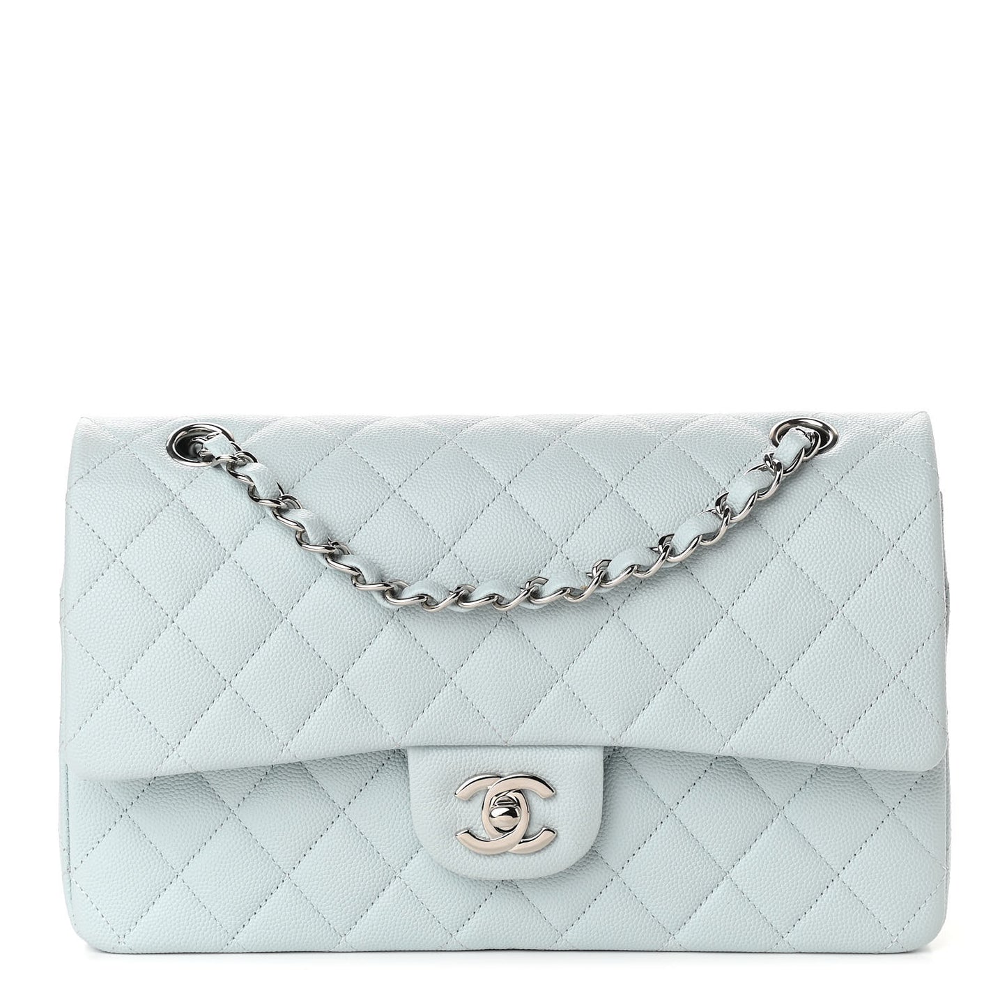 Caviar Quilted Medium Double Flap Light Blue