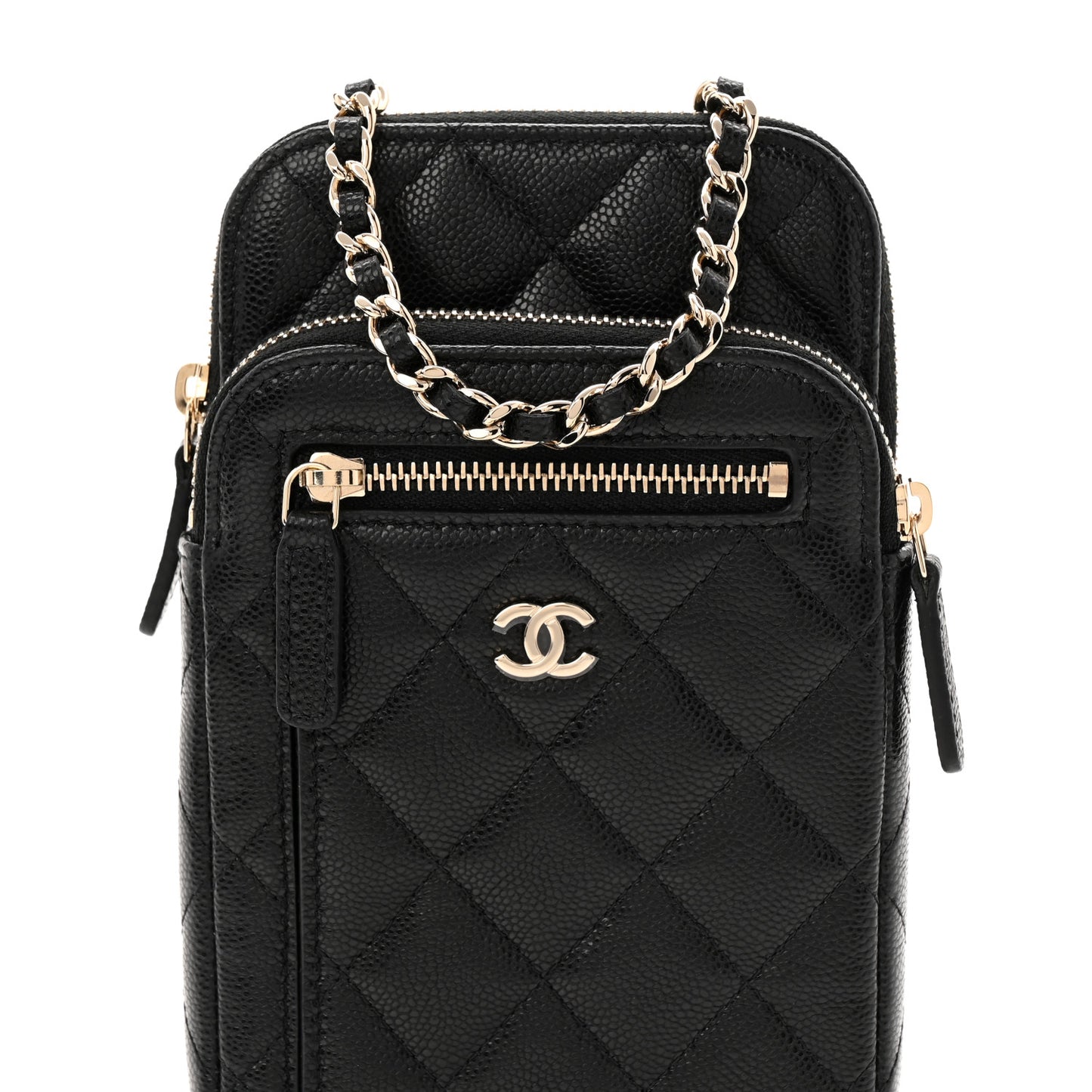 Caviar Quilted Phone Holder With Chain Black