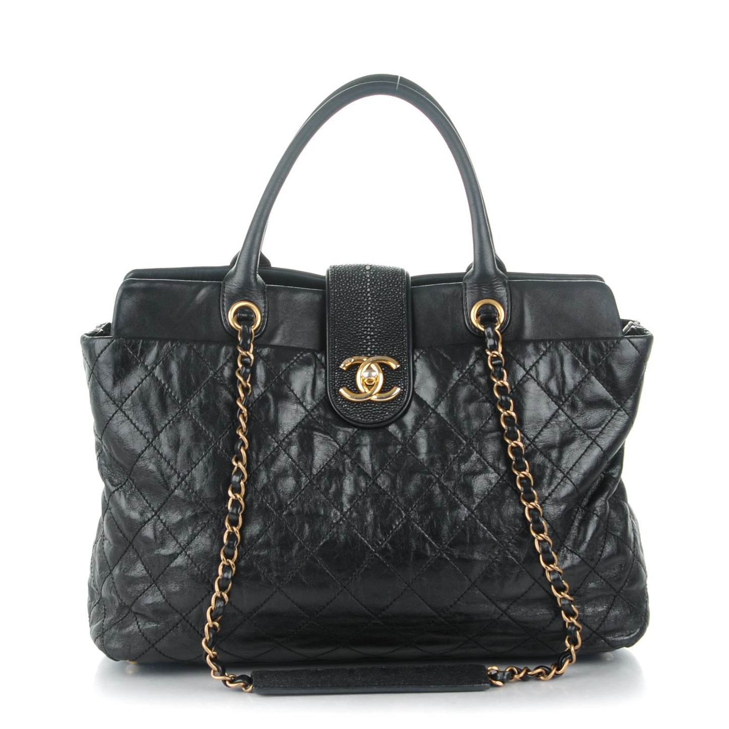 Glazed Calfskin Stingray Large Bindi CC Tote Black