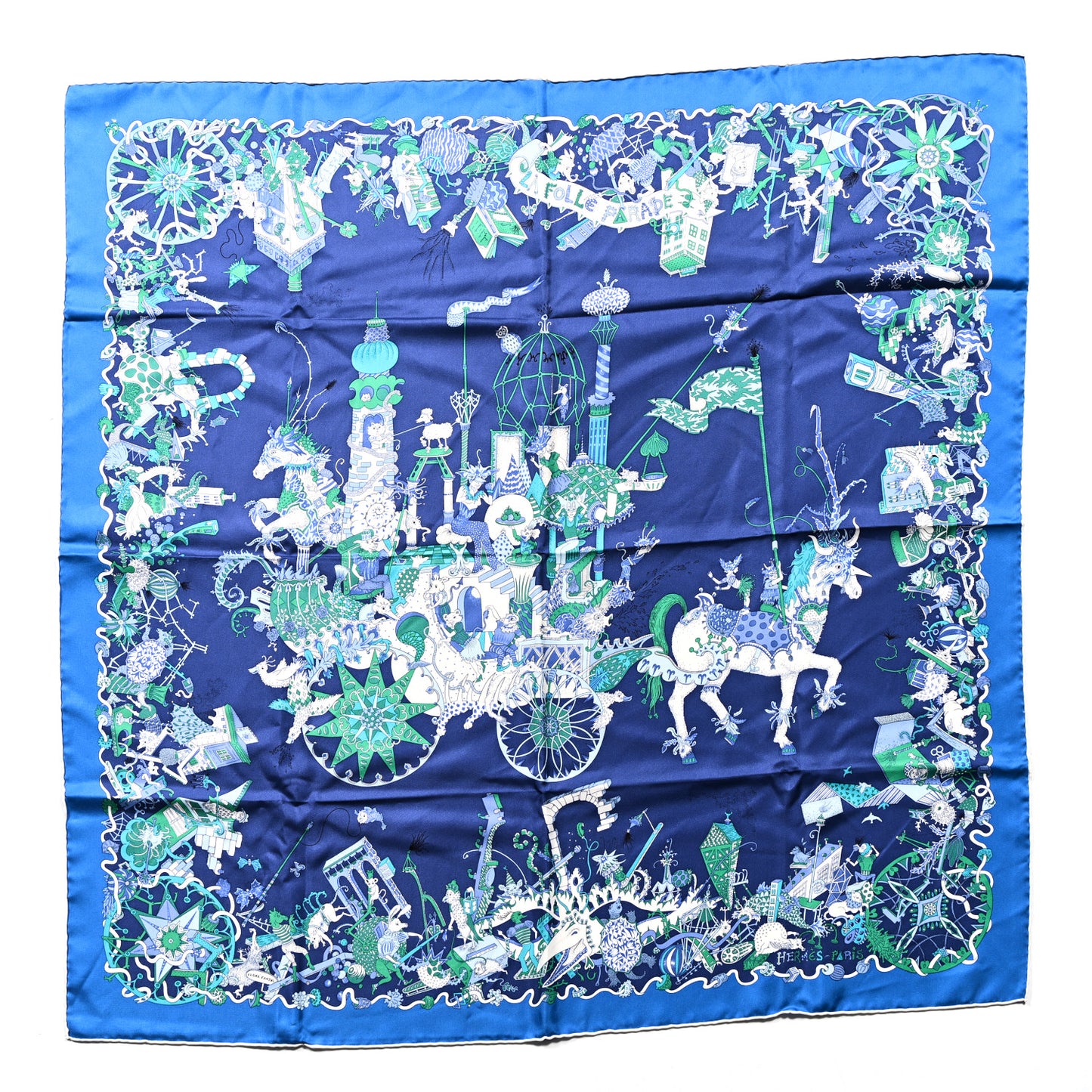 Silk La Folle Parade Scarf 90 Bleu Azur Encre Menthol