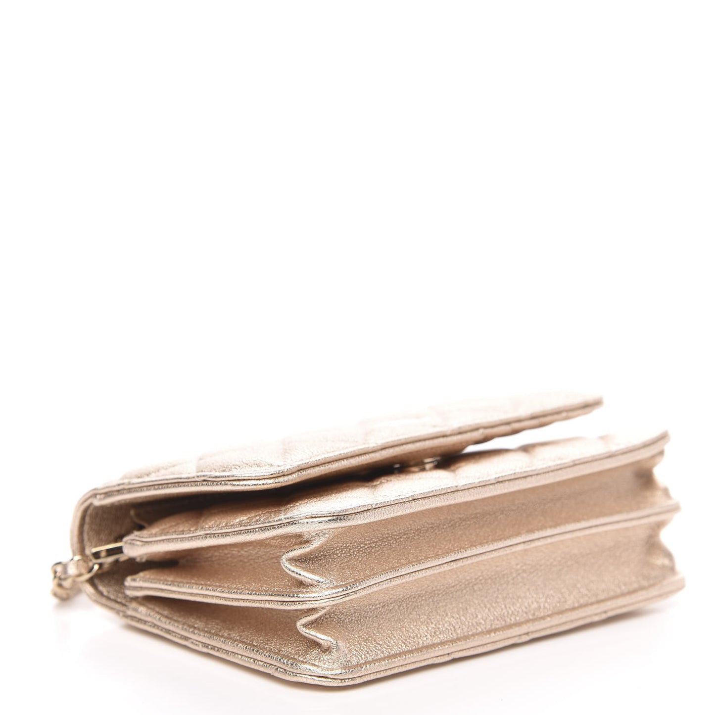 Metallic Lambskin Quilted Mini Wallet On Chain WOC Gold