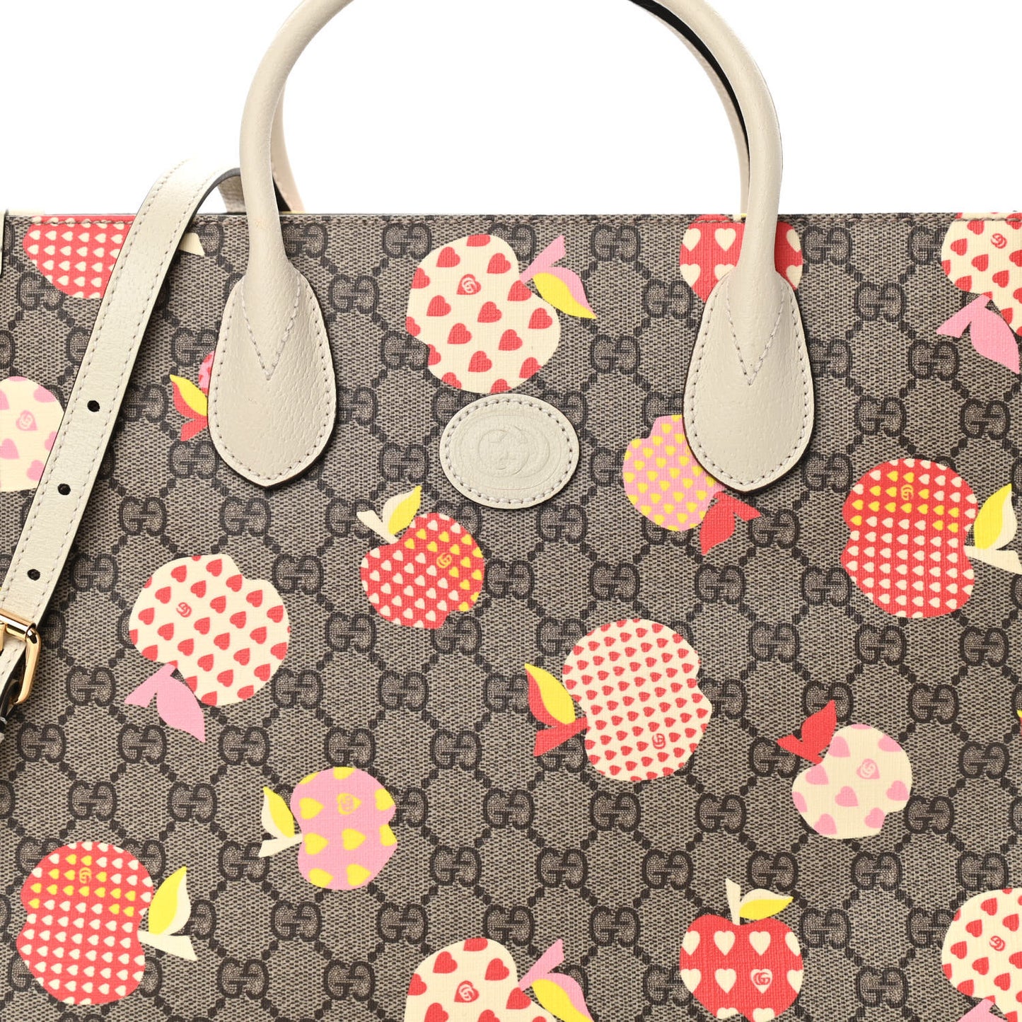 GG Supreme Monogram Textured Calfskin Les Pommes Small Retro Interlocking G Tote Bag Beige Multicolor Mystic White