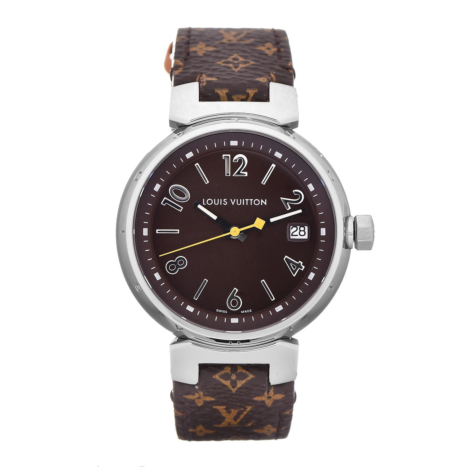 Louis Vuitton Stainless Steel Monogram 34mm Tambour Quartz Watch Brown 1 of 9