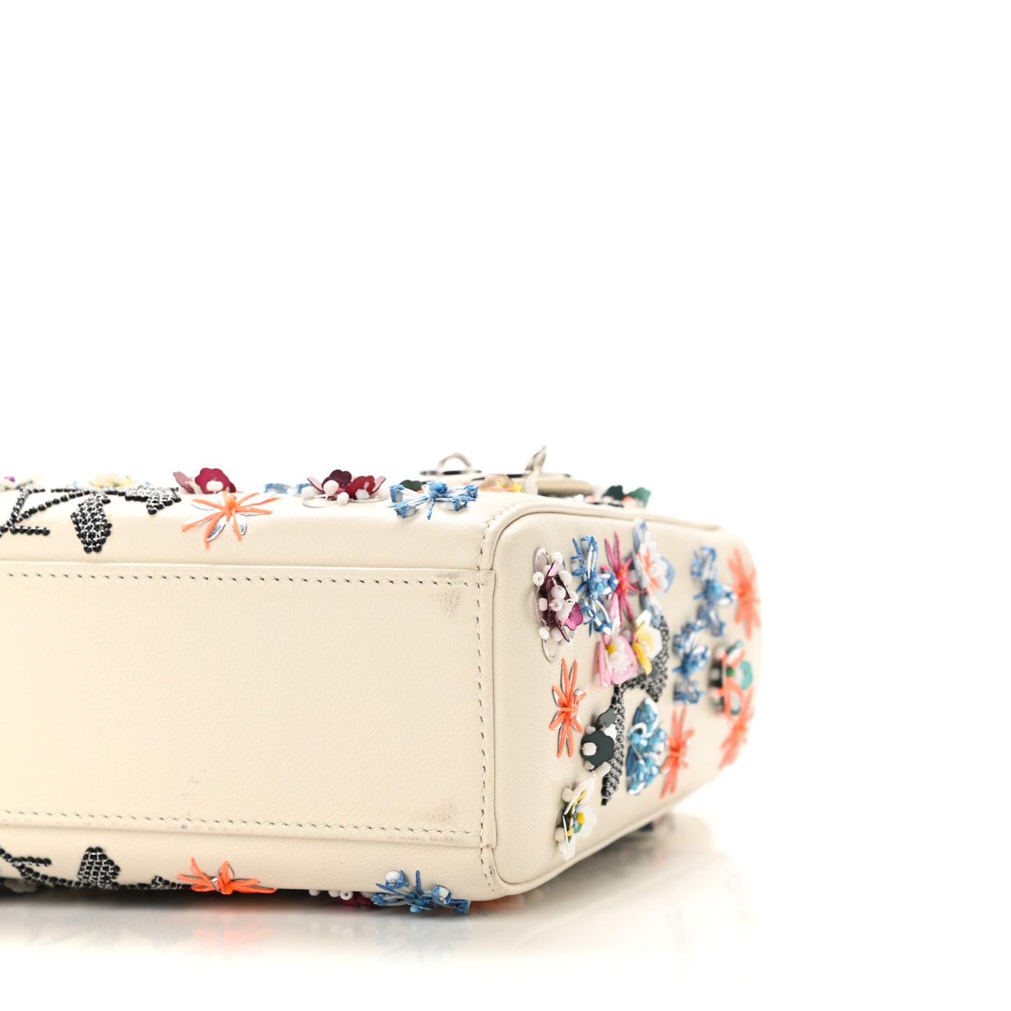 Calfskin Sequin Floral Embroidered Mini Lady Dior White Multicolor