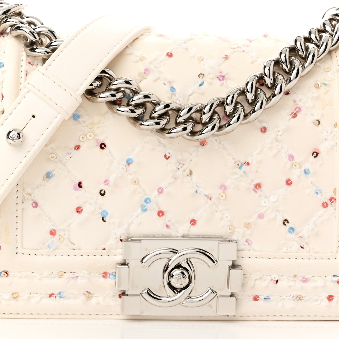 Lambskin Sequin Embroidered Small Boy Flap White Multicolor