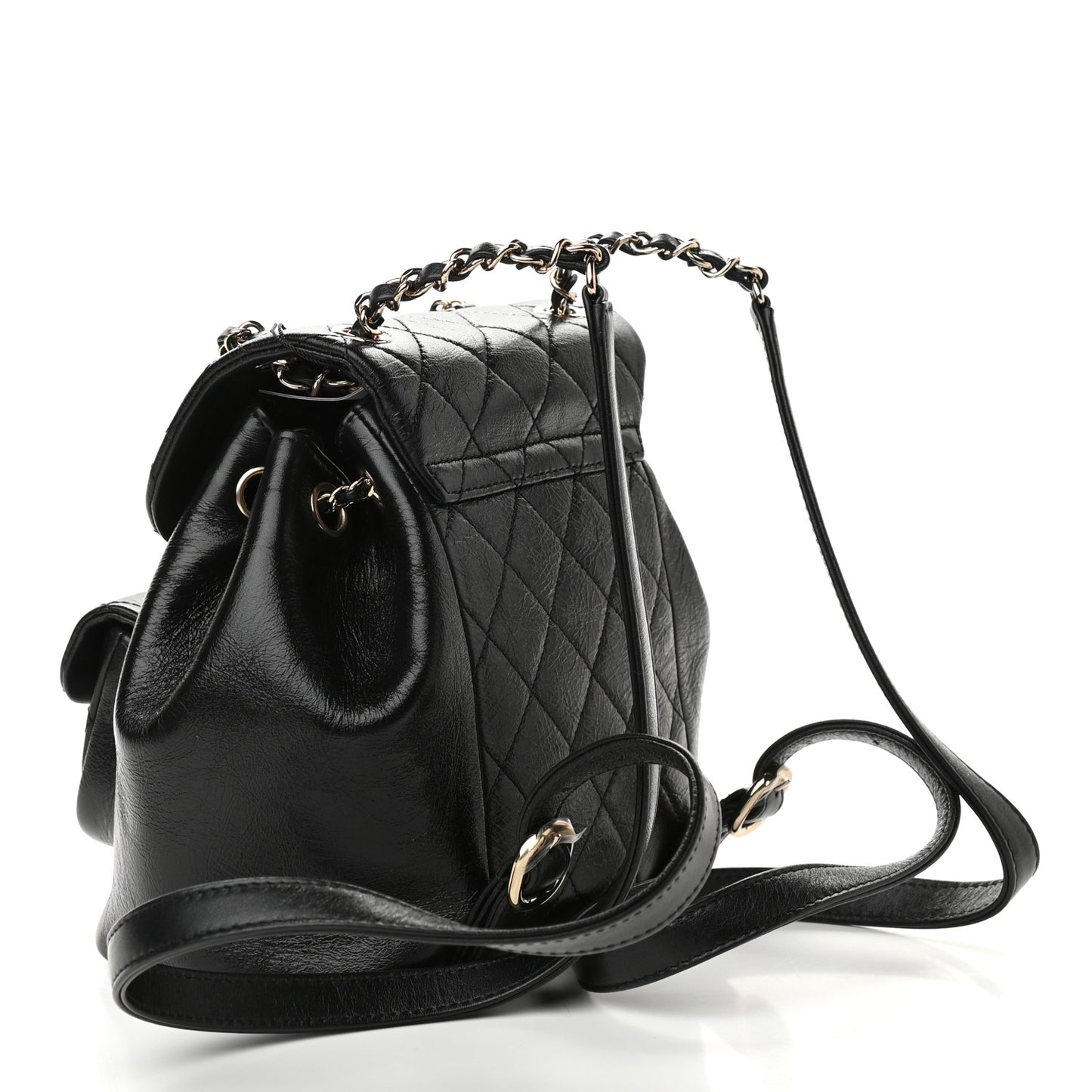 Glazed Aged Calfskin Quilted Small Duma Drawstring Backpack Black
