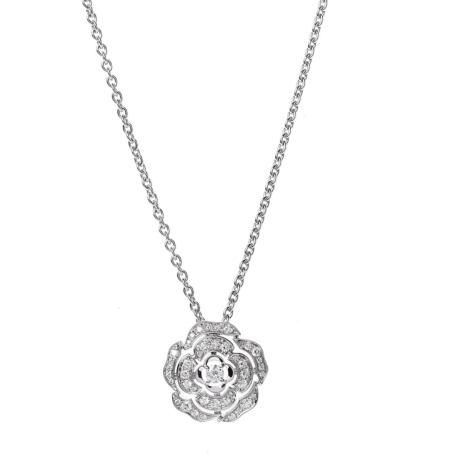 Chanel 18K White Gold Diamond Bouton de Camelia Pendant Necklace 4 of 7