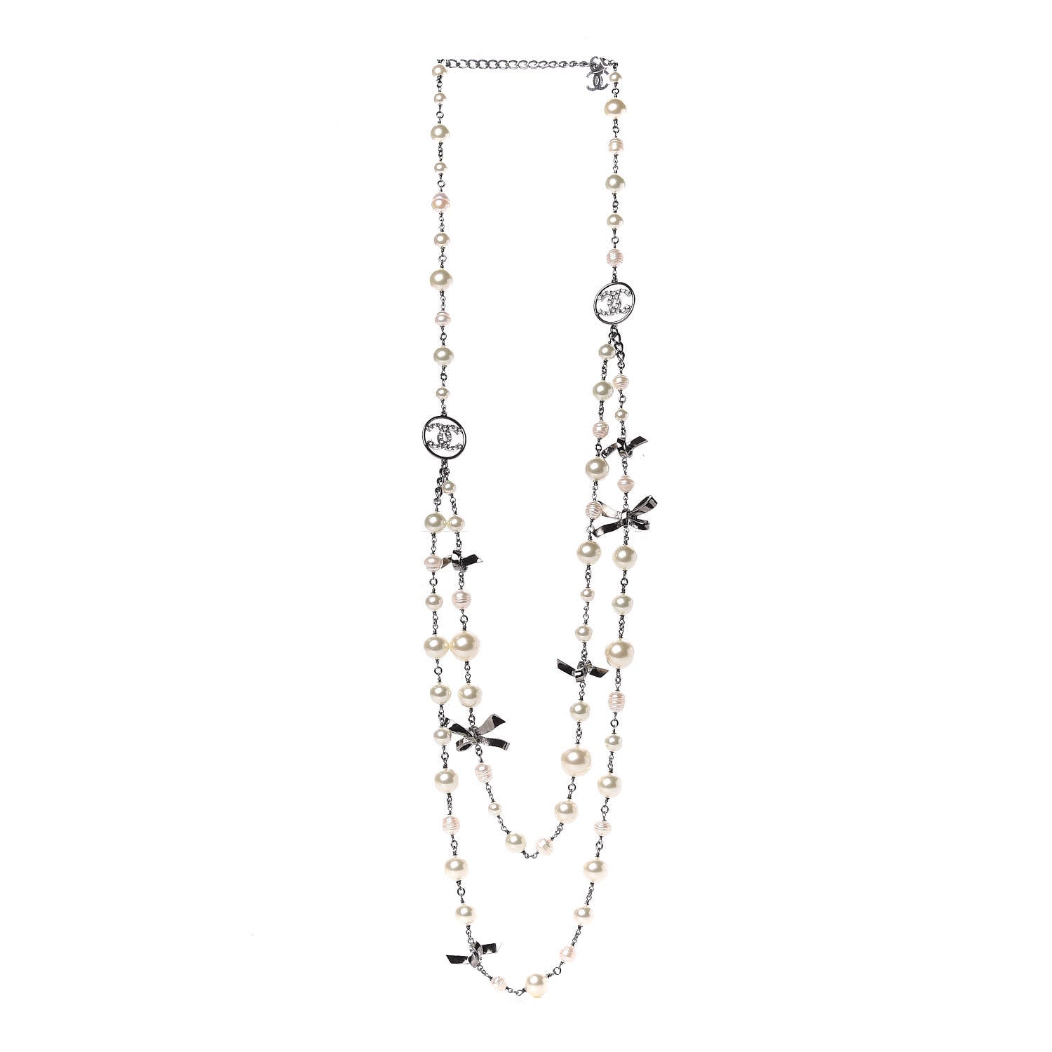 Chanel Crystal Pearl CC Bow Long Necklace Silver 3 of 5