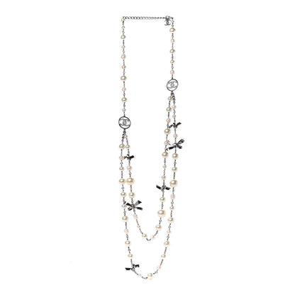Chanel Crystal Pearl CC Bow Long Necklace Silver 3 of 5
