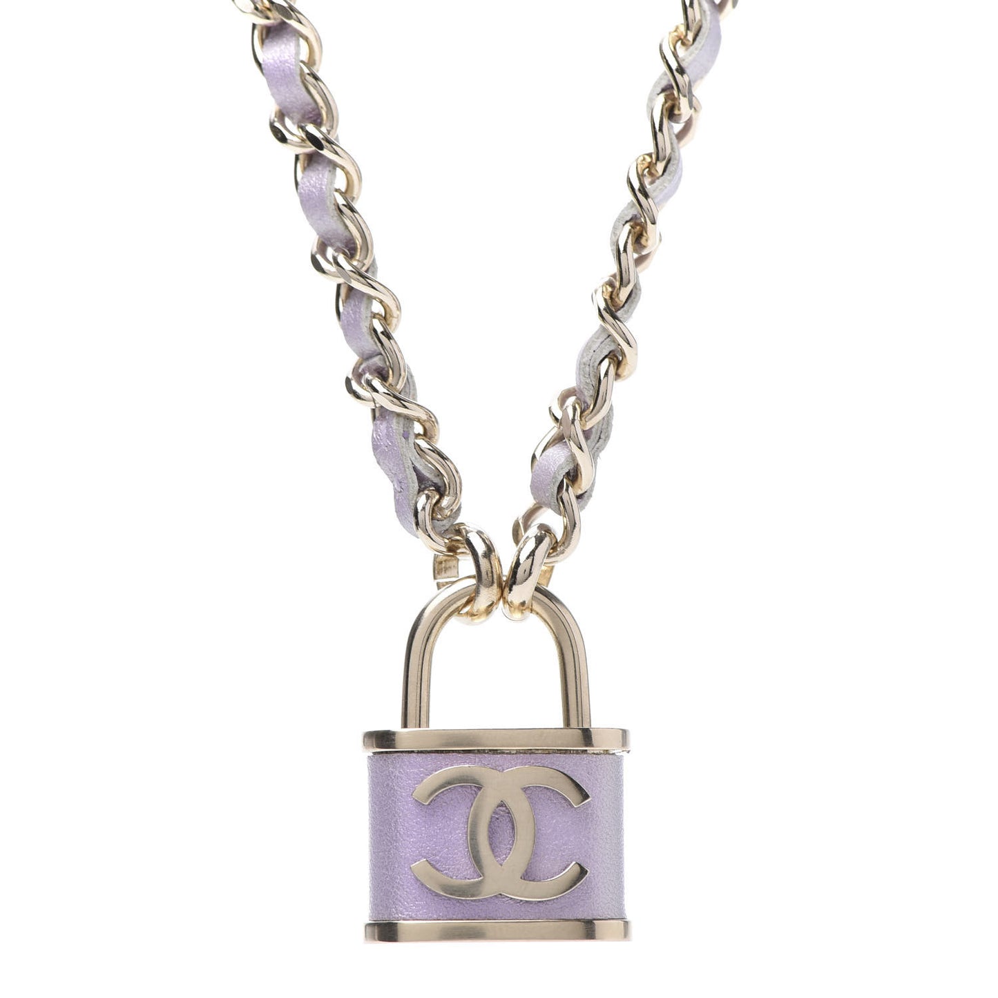 Calfskin Metal Padlock Necklace Gold Iridescent Purple