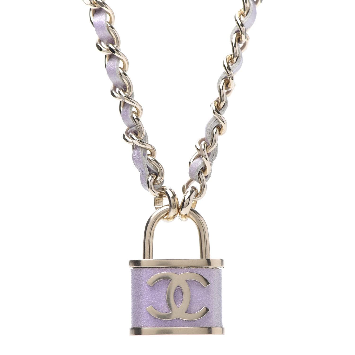 Chanel Calfskin Metal Padlock Necklace Gold Iridescent Purple 1 of 6