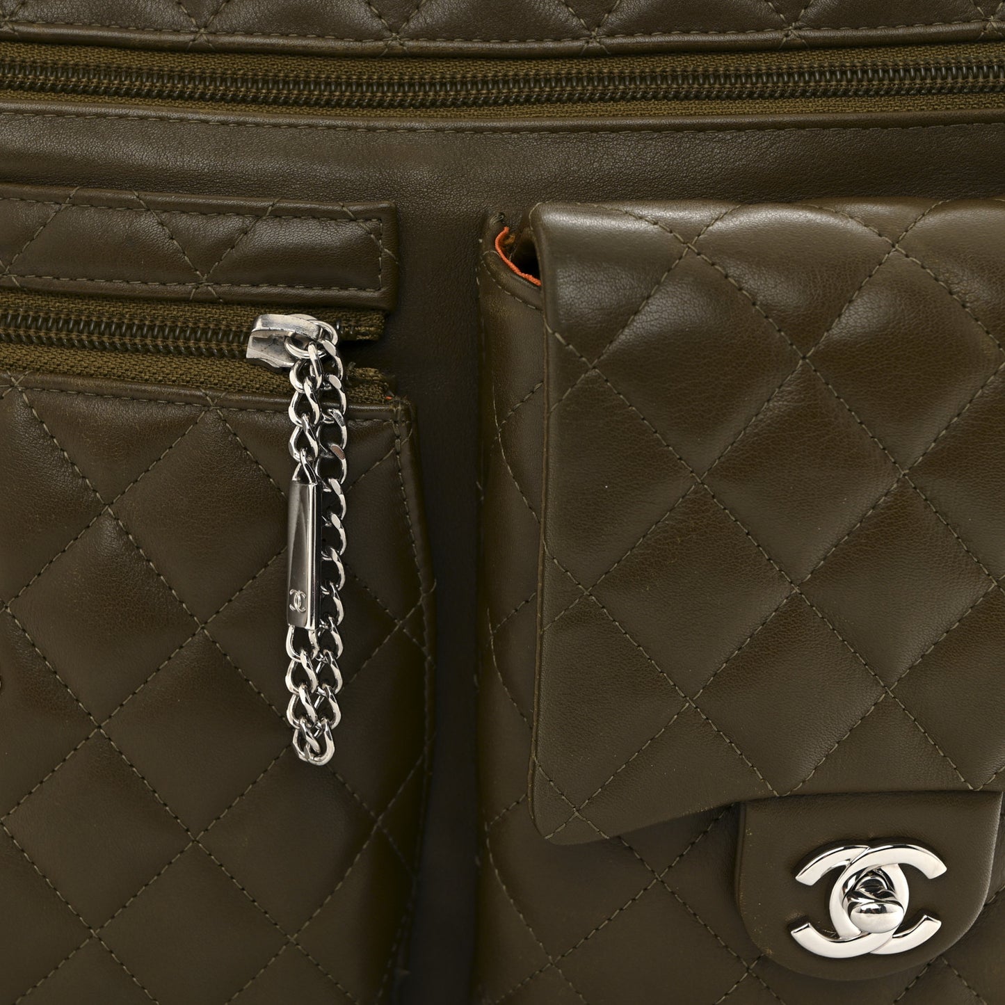 Calfskin Snakeskin Quilted Cambon Multipocket Shoulder Bag Khaki
