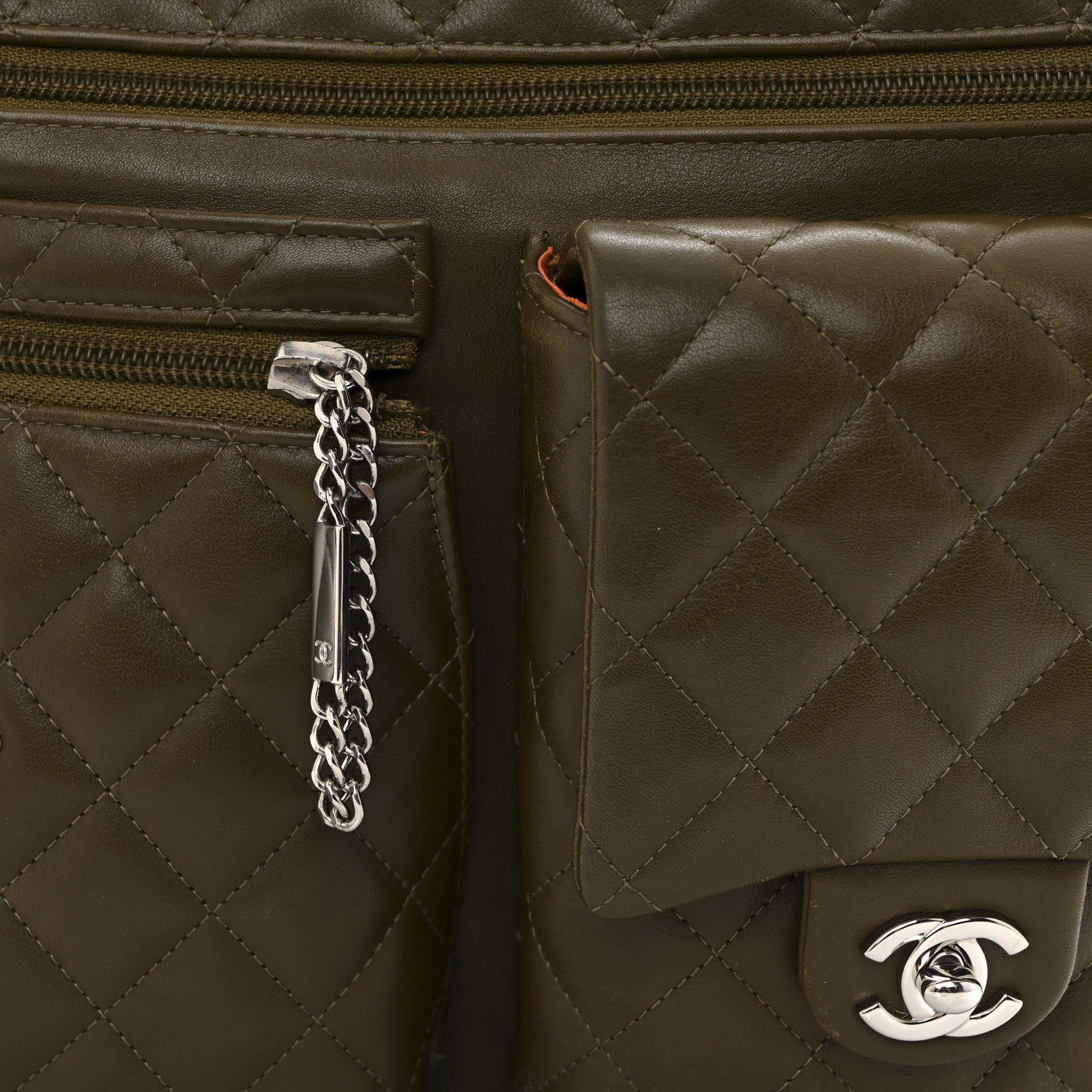 Chanel Calfskin Snakeskin Quilted Cambon Multipocket Shoulder Bag Khaki 8 of 11
