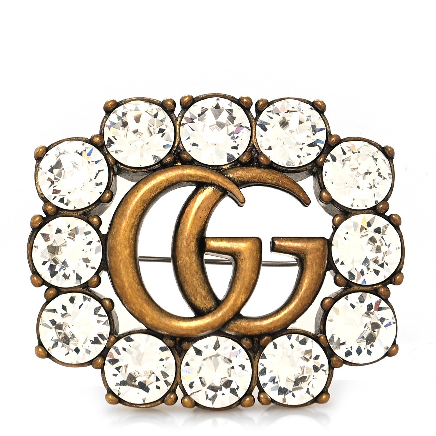 Gucci Metal Crystal Double G Brooch Aged Gold 1 of 4
