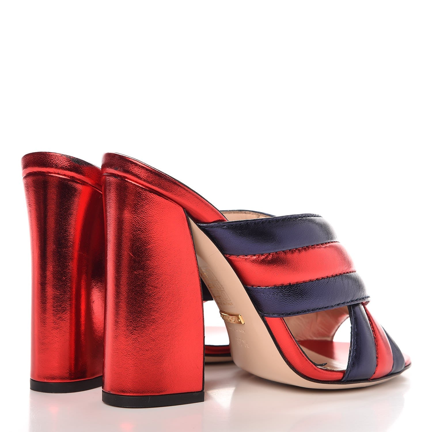 Gucci Metallic Nappa Webby Crossover High Heel Slide Sandals 37.5 Night Flame Red 4 of 10
