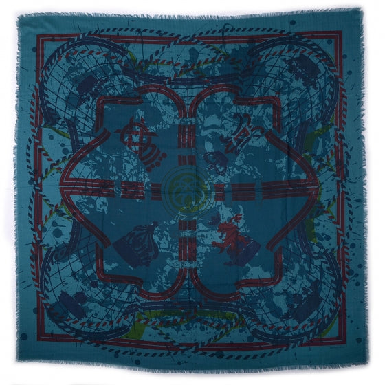 Cashmere Silk Imprimeur Fou Quadricube Shawl GM 140 Cobalt