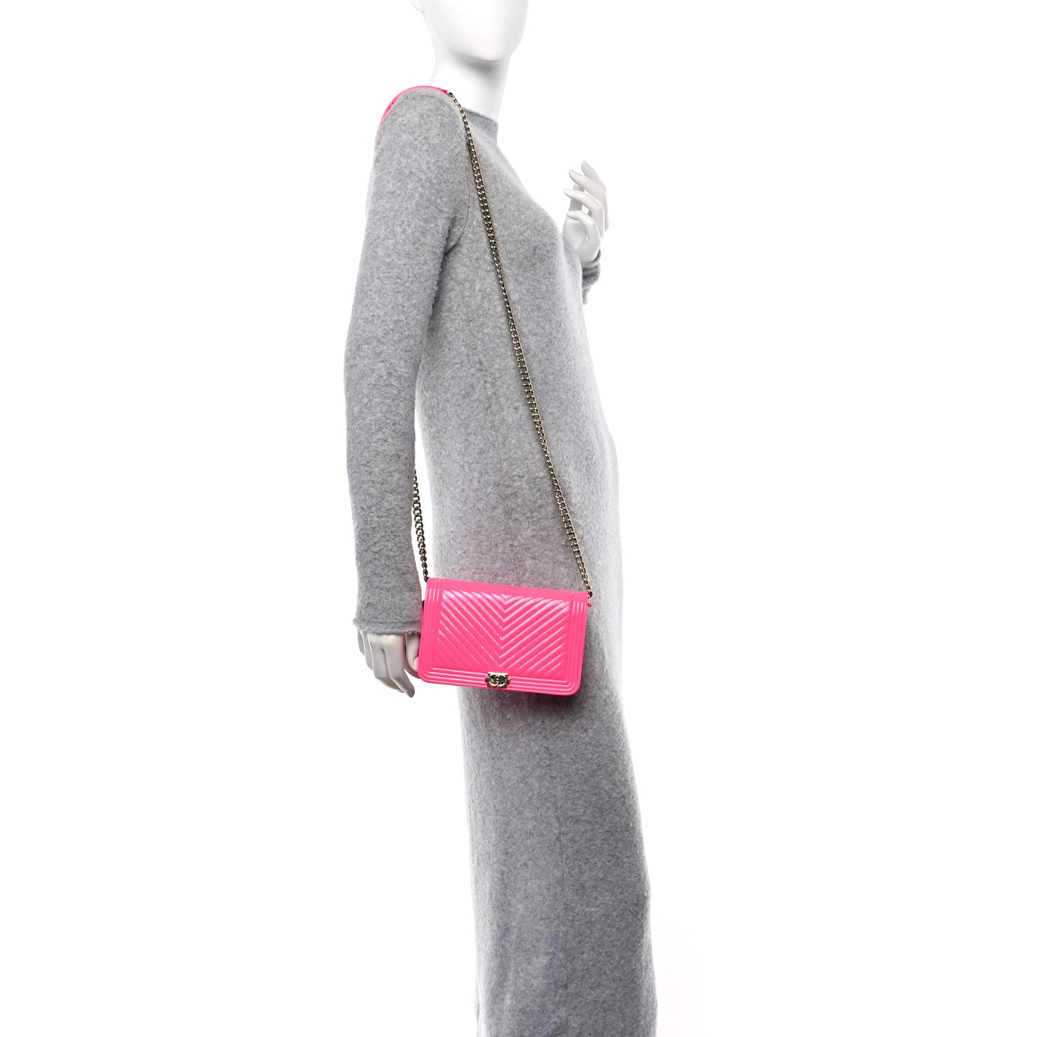 Chanel Patent Chevron Quilted Boy Wallet On Chain WOC Rose Pink 2 of 13