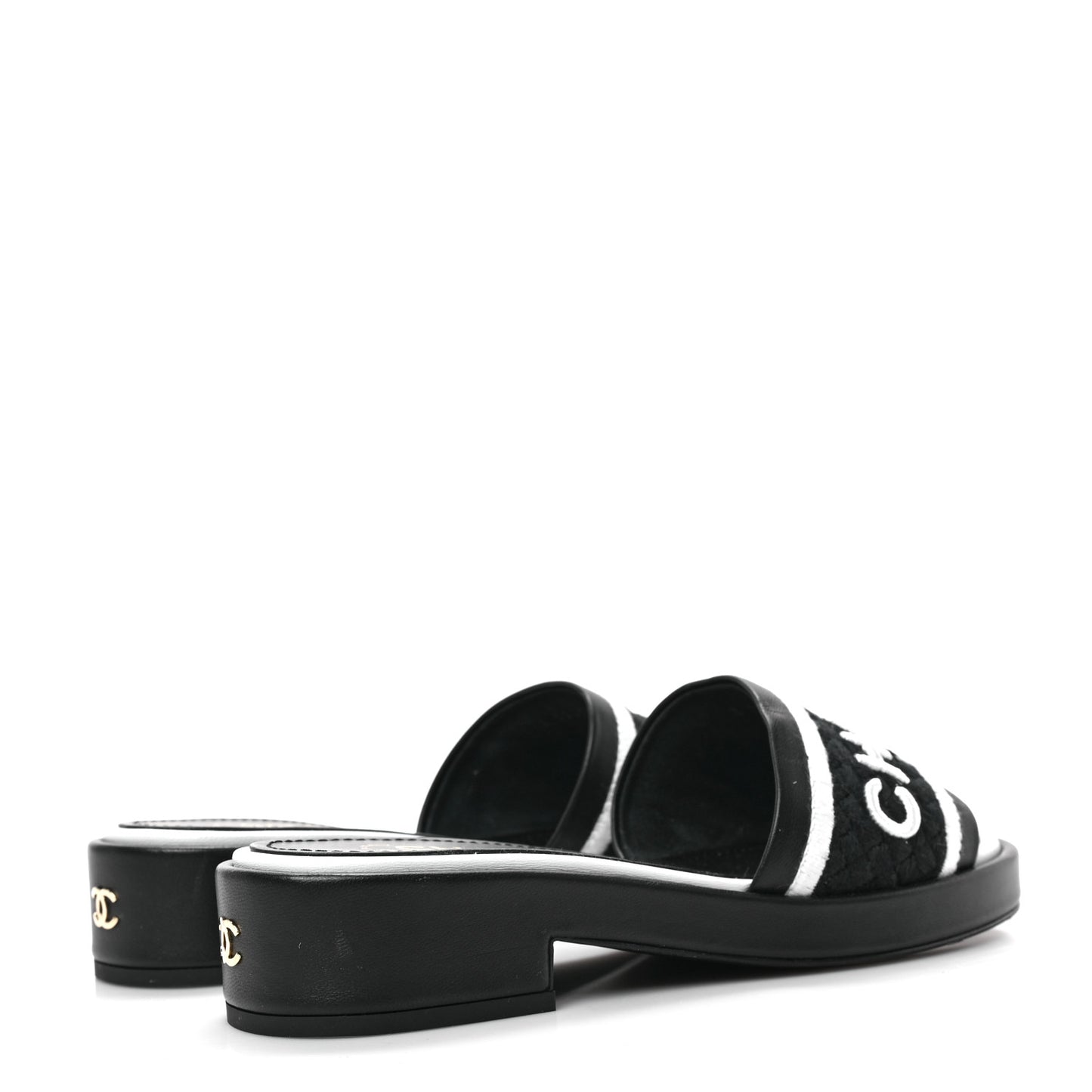 Lambskin Embroidered CC Mule Sandal 36 Black White