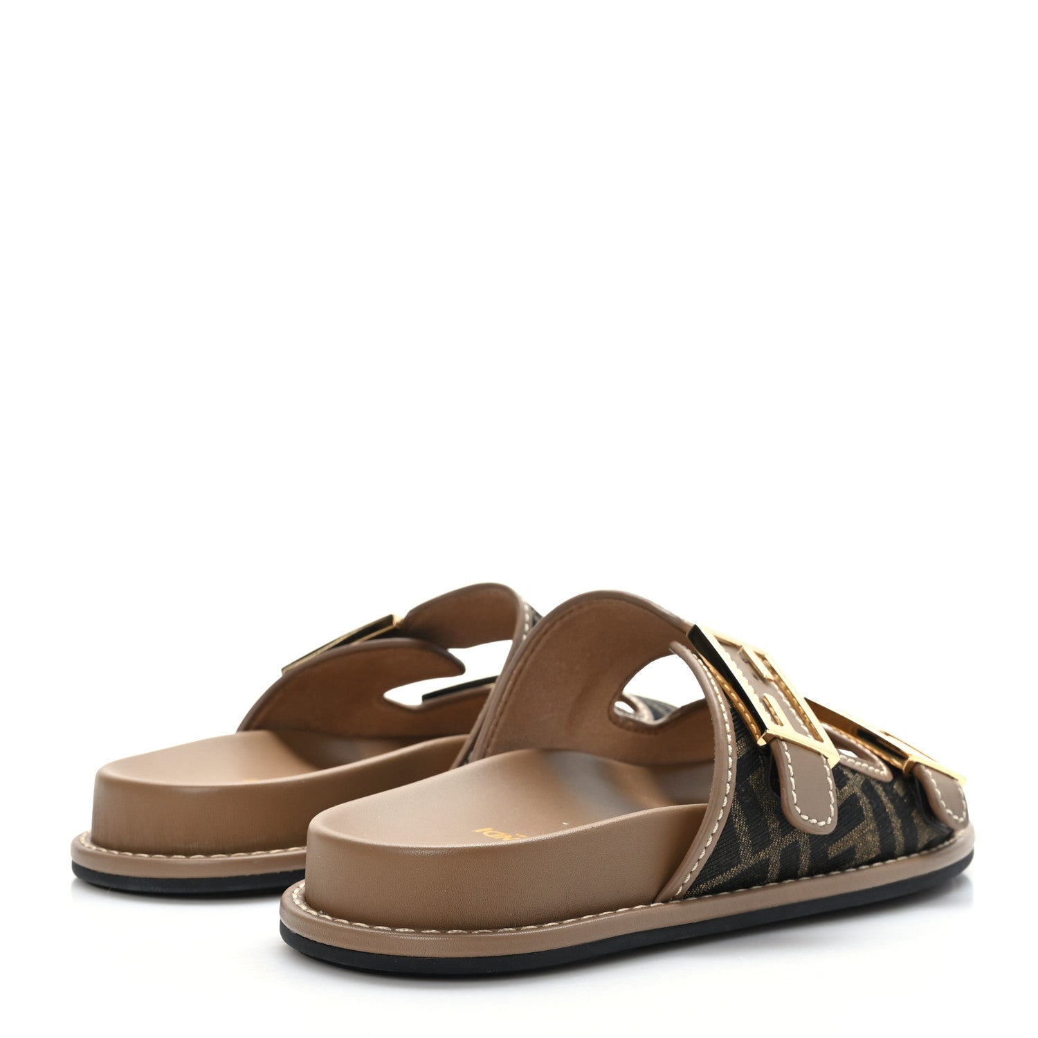 Fendi Fabric Jacquard Nappa FF Womens Fendi Feel Buckled Slide Sandals 38 Tobacco Black Miele Scuro 4 of 7