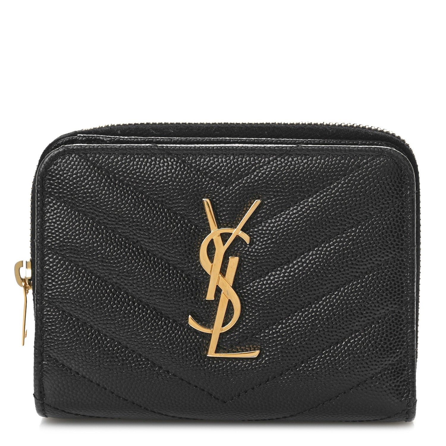 Saint Laurent Grain De Poudre Matelasse Chevron Monogram Compact Zip Around Wallet Black 1 of 8