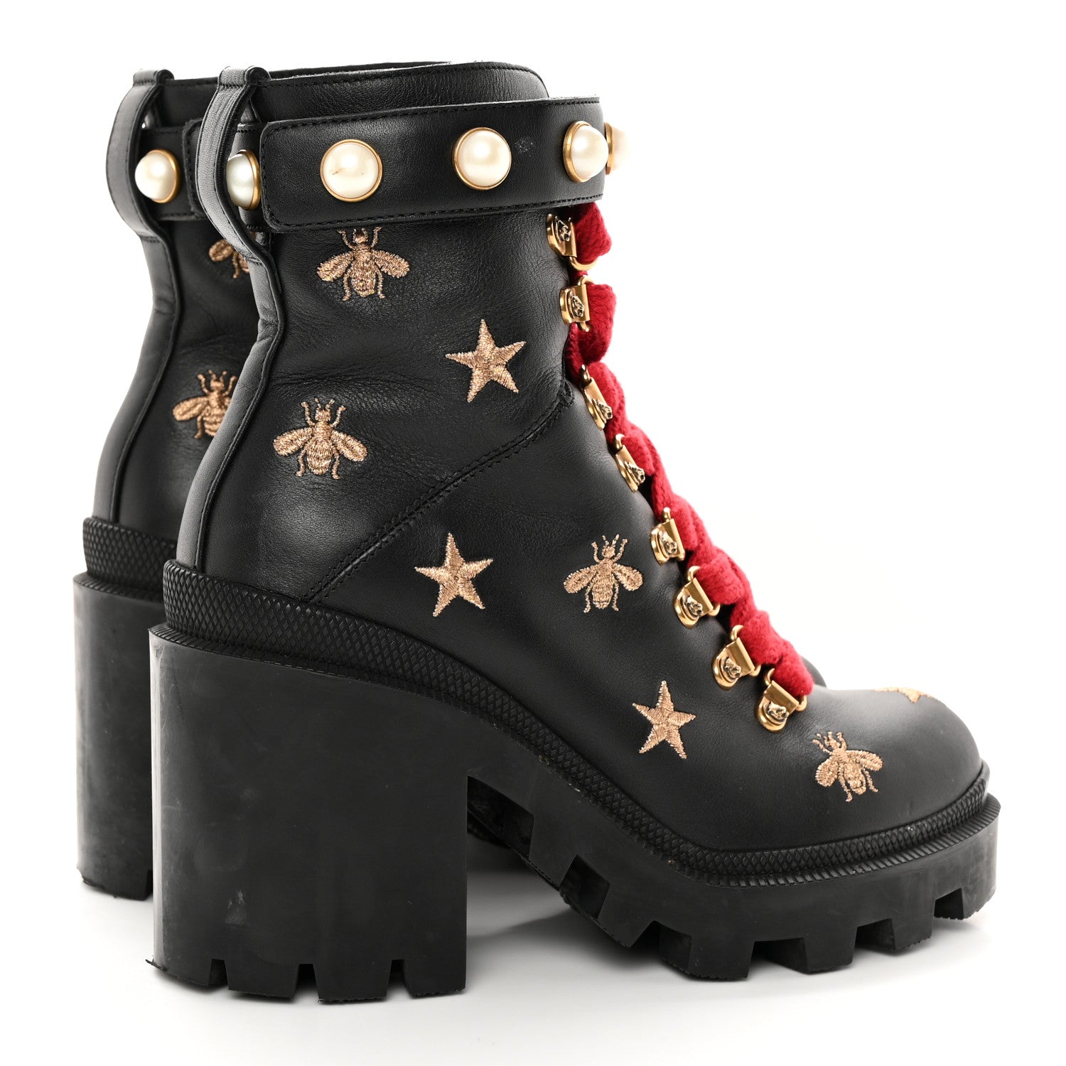 Gucci Calfskin Embroidered Lace Up Combat Ankle Boots 35 Black 4 of 16