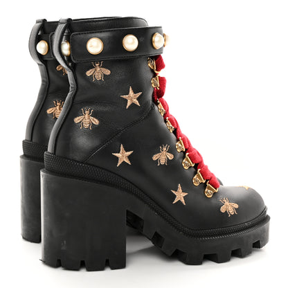 Gucci Calfskin Embroidered Lace Up Combat Ankle Boots 35 Black 4 of 16