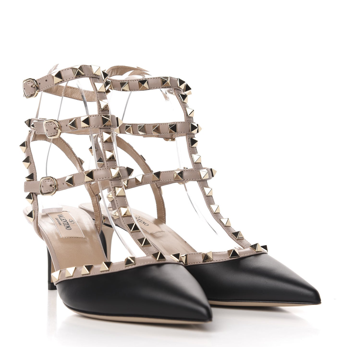 Calfskin Nappa Rockstud Ankle Strap 65mm Pumps 38 Black Poudre